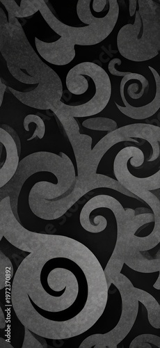 Stylized grey swirl pattern on black background. Abstract seamless texture displaying ornate scrollwork and elegant organic shapes
