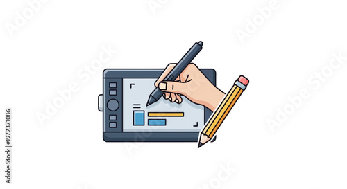 Hand Holding Stylus and Pencil Drawing.