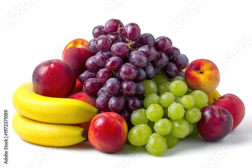 Assortment of Fresh Ripe Fruits Including Bananas Grapes and Apples.