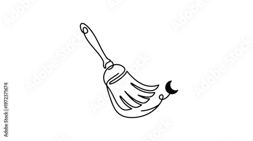 Whisk Broom Sweeping Crescent Dust Bunny Single Continuous Line Art Minimalist Cleaning Tool Monoline Vector Icon