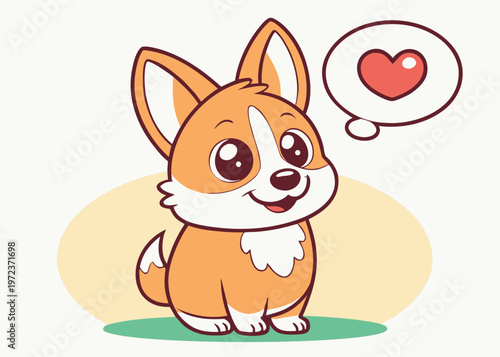 Cartoon corgi sits on green grass with a heart in a round bubble.