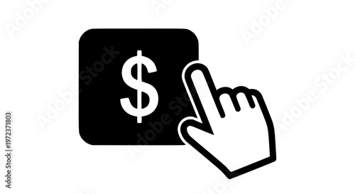 Digital Dollar Sign Click Icon: Earning, Spending, and Financial Transactions Online. Hand Cursor Interacting with Money Symbol for Web Commerce and Banking Concepts.