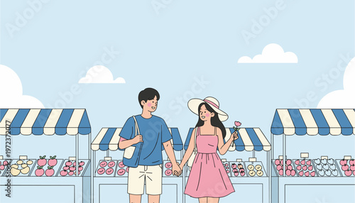 Young Couple Walking Together at Outdoor Market Summer Lifestyle Illustration