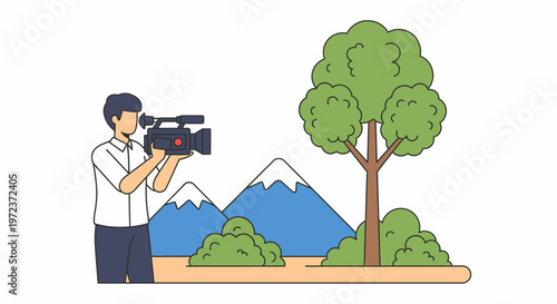 Filming a Landscape Scene with a Cameraperson and Natural Elements