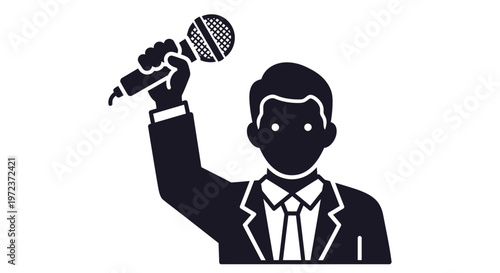 Dynamic silhouette of a person holding a microphone, symbolizing a speaker, journalist, or interviewer engaged in public communication and media events