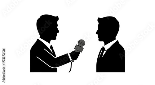 Professional Journalist Conducting an Interview, Two Silhouettes Engaging in a News Report or Communication Event