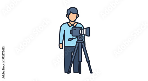 Filmmaker with camera on tripod, vector illustration for media production and content creation