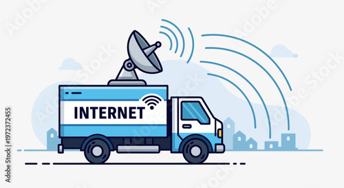 Internet Service Delivery Truck Broadcasting Signals to City Buildings