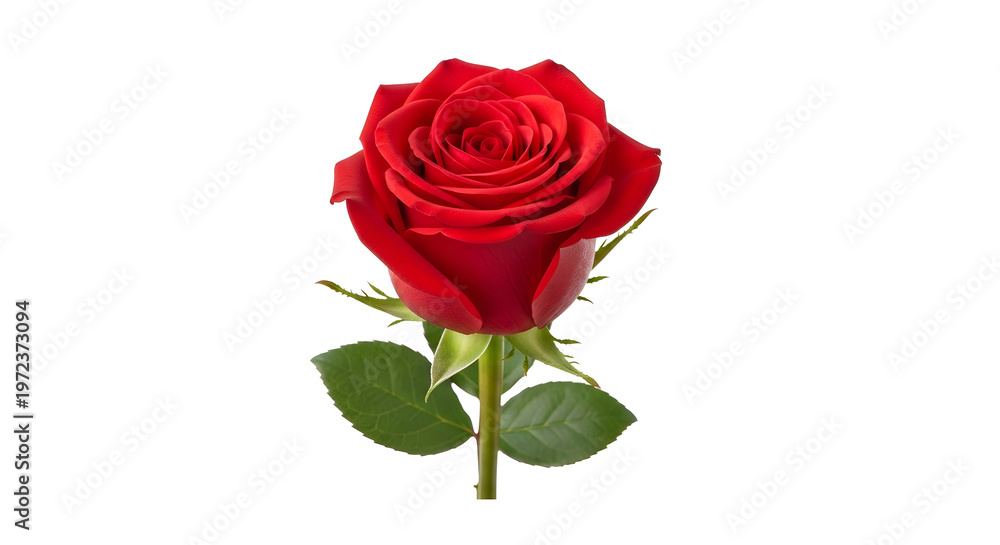 Fototapeta premium A single red rose with green leaves on a white background