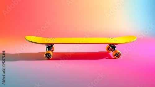 skater. Vibrant yellow skateboard against a gradient colorful background, showcasing dynamic 3D rendering with soft shadows. lifestyle magazines.
