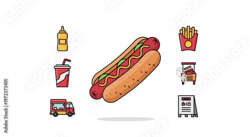 Hot dog with condiments on bun.