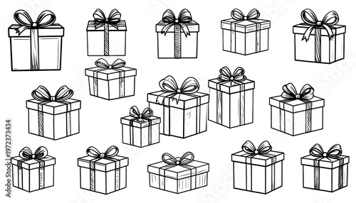 Collection of Hand-Drawn Gift Boxes with Bows.