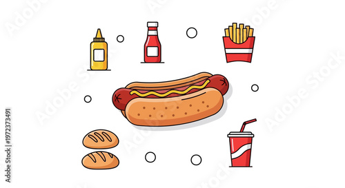 Hot dog with condiments and buns.