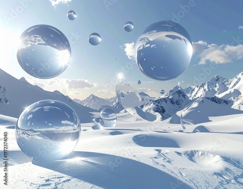 雪景色の中のガラス玉