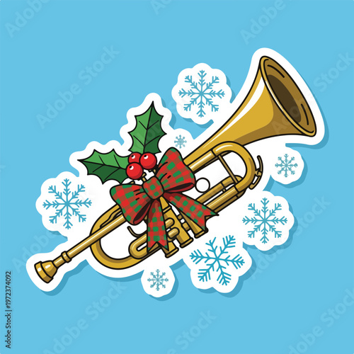 Christmas Trumpet with Holly and Snowflakes.