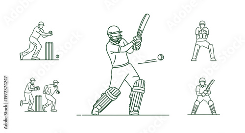 Cricket players in various batting stances.