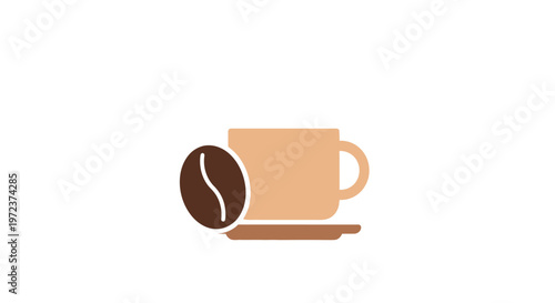 Brown coffee cup with saucer and bean.