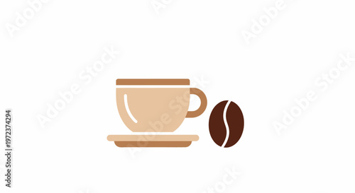 Brown coffee cup with saucer and bean.