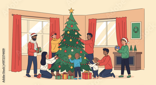 Multi-generational family members work together to decorate a large Christmas tree with ornaments and lights in a spacious living room.