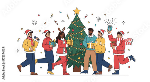 Diverse group of young friends wearing festive hats celebrates Christmas together around a decorated tree with colorful gifts and confetti.