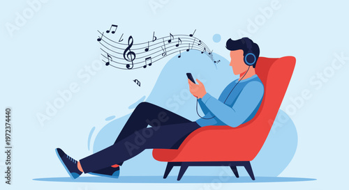 Young man relaxes in a red armchair listening to music with headphones through his smartphone while musical notes float in the air.