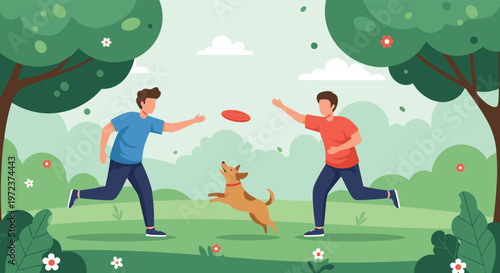 Two young men enjoy a fun day outdoors playing frisbee with an active brown dog in a beautiful green park surrounded by leafy trees.