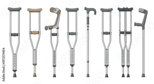 Comprehensive collection of various medical walking aids including different styles of crutches and canes for mobility support.