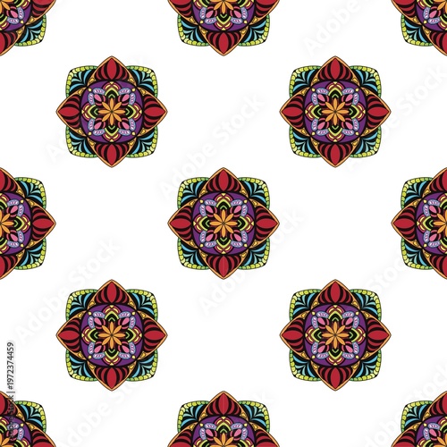 Seamless mandala vector pattern with decorative and symmetrical textile texture.
Fully editable and scalable vector design suitable for fashion fabric, clothing, sweaters, scarves, blankets, home deco