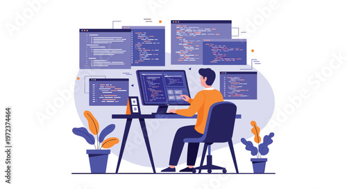 Skilled computer programmer sits at his desk working on complex software development with multiple coding windows on the screen.