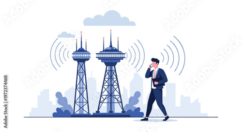 Professional businessman talks on a mobile phone while walking past large telecommunication towers emitting wireless signal waves in a city.