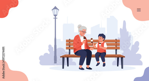 Caring grandmother and her young grandson sit on a park bench together while enjoying chocolate ice cream cones in a city park.