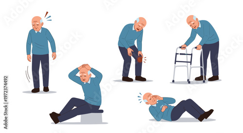 Set of illustrations showing an elderly man suffering from different health problems including knee pain, dizziness, and a fall.