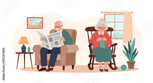 Elderly couple enjoying quiet time at home with the man reading a newspaper and the woman knitting in her rocking chair.