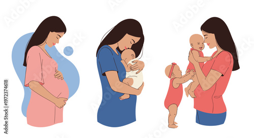Illustrations of three stages of early motherhood from pregnancy to holding a newborn baby and playing with toddlers.