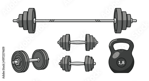 Collection of gray and black fitness equipment including a barbell dumbbells and a kettlebell for home gym training.