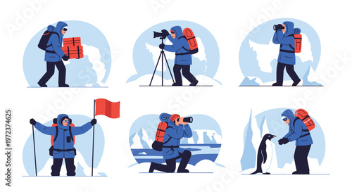 Set of arctic explorers in blue winter gear performing various research tasks in the snowy landscape with penguins.