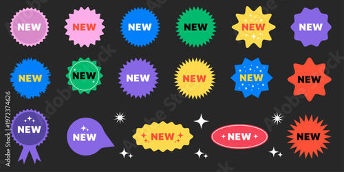 NEW Sticker, Set of new arrival tag icon. Set of new arrival shop product tag icon. New labels or sale badges and banners vector sticker