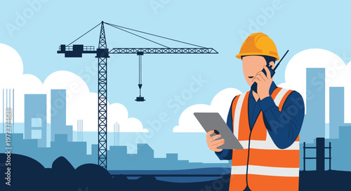 Construction site manager in safety equipment using a walkie-talkie and holding a tablet near a large crane in a city.