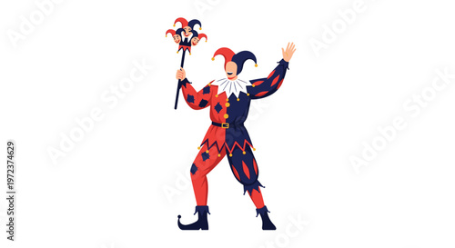 Joyful medieval jester in a traditional red and blue diamond pattern costume holding a jester staff with mini heads.