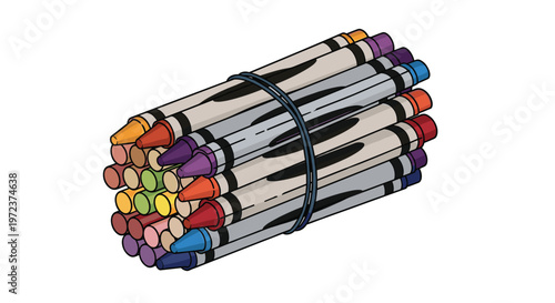 Large bunch of colorful wax crayons bundled together with a blue rubber band for school arts and crafts projects.