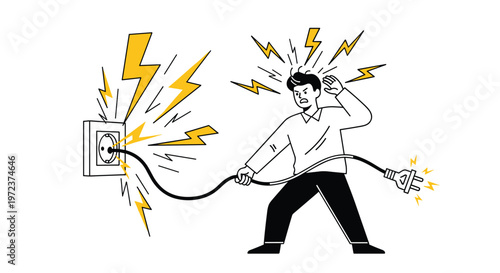 Man experiencing a dangerous electric shock while trying to plug a black cord into a sparking wall outlet at home.
