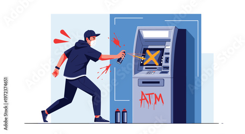 Masked vandal in dark clothing spray painting a grey ATM machine with red graffiti paint in a city urban setting.