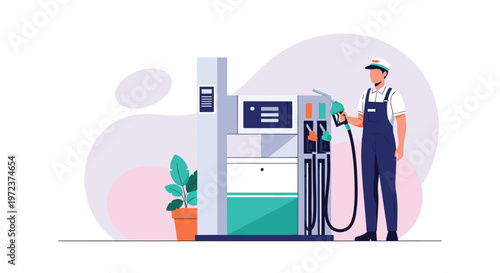 Professional gas station attendant in uniform holding a green fuel pump nozzle near a modern fuel dispenser machine.