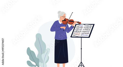 Senior woman with gray hair playing the violin passionately while looking at a music stand with sheets in her studio.
