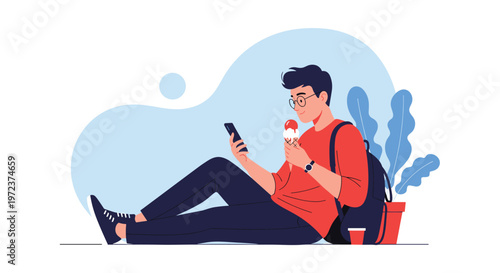 Young man sitting on the ground with a black backpack using his smartphone and eating a delicious cone of ice cream.