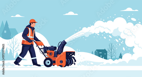 Municipal worker in a safety vest using a snow blower to clear a white path in a snow covered suburban neighborhood.