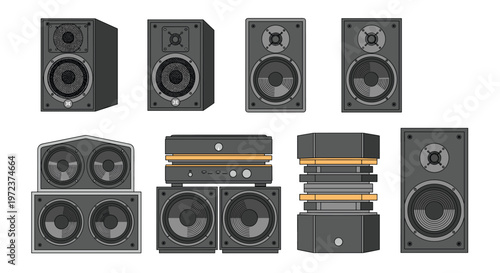 Collection of different professional audio speaker systems including monitors subwoofers and tower stereo speakers.