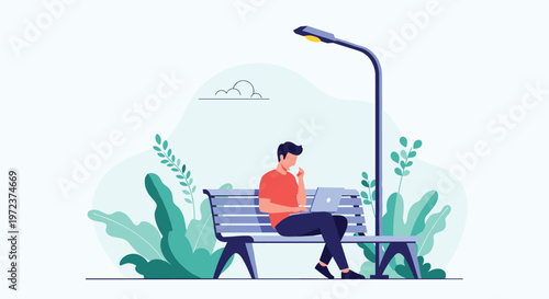 Man sitting on a park bench at night working on his laptop under the bright light of a tall street lamp in a garden.