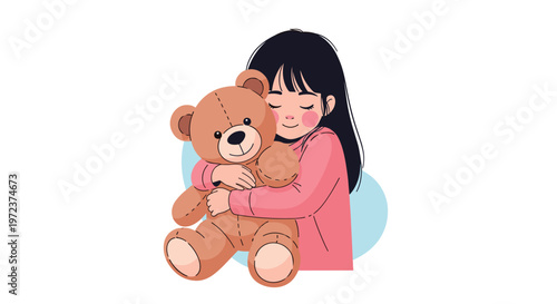 Cute young girl with long dark hair lovingly hugging her large brown plush teddy bear with her eyes closed in joy.