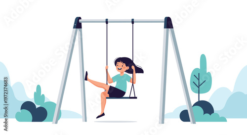 Happy young girl having fun and playing on a swing set in a beautiful green park under a bright sky with trees around.